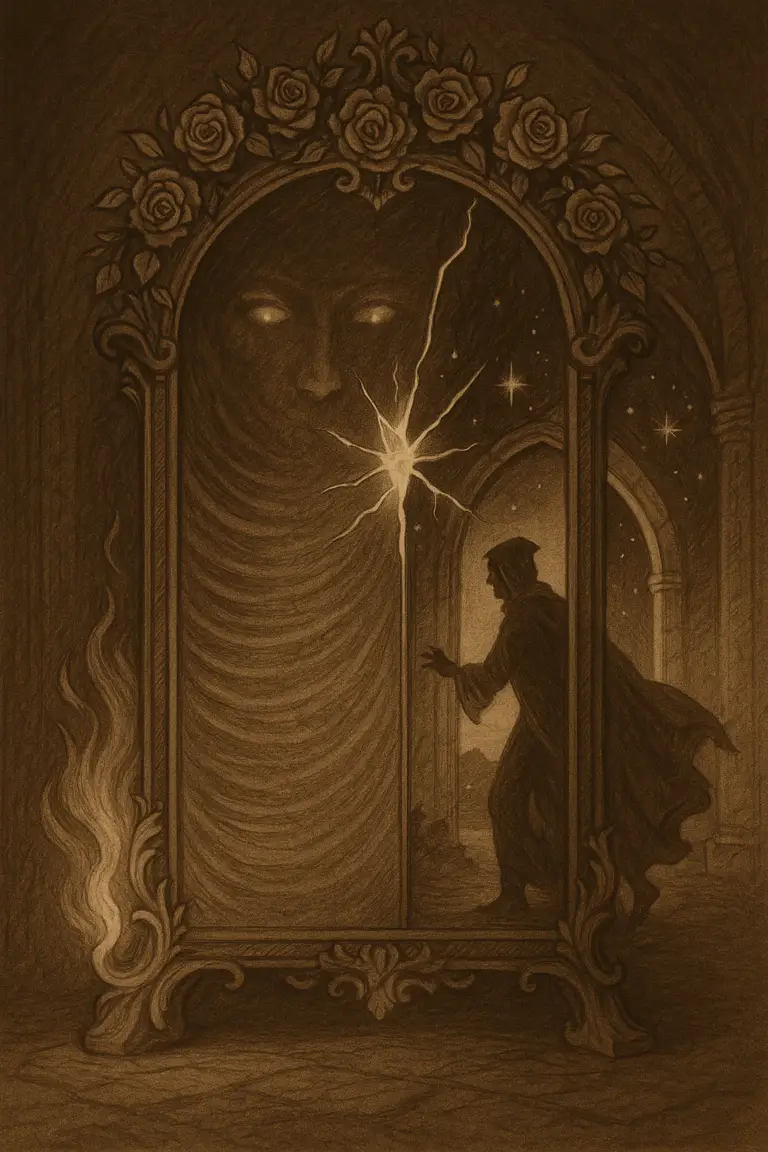 Sepia illustration of a magical mirror with ripples, cracks of light, and a doorway showing a parallel self, framed in roses and flame.