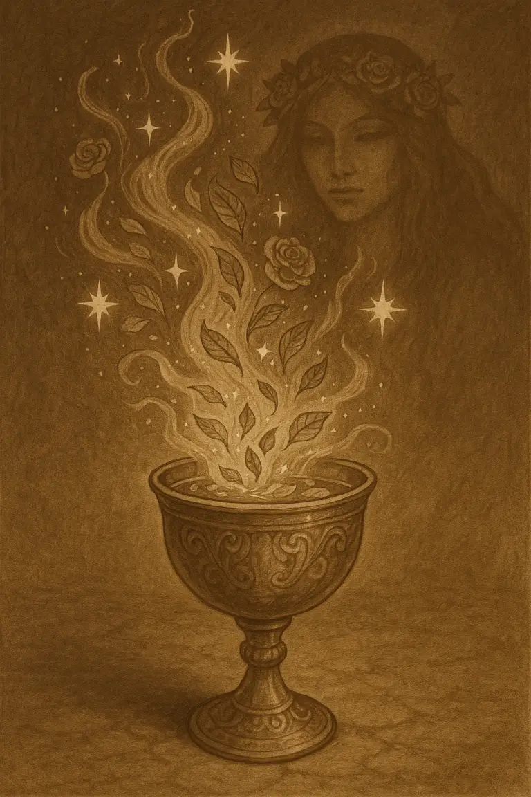 Sepia illustration of a chalice of glowing herbal tea with petals swirling into stars and roses of fire, watched over by the faint silhouette of Scarlet Babalon–Nolava.