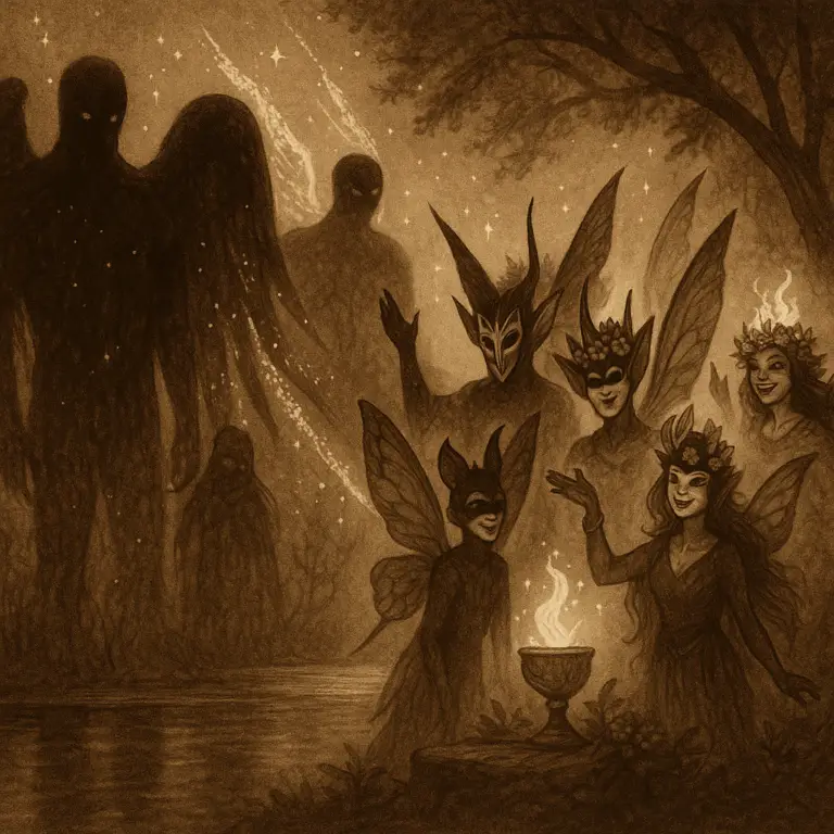Sepia illustration of Grigori transforming into radiant Fae, wings dissolving into starlight in a twilight grove.