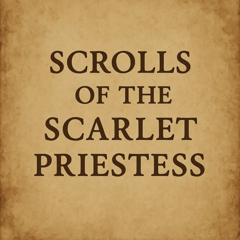 Sepia-toned parchment background with the words “Scrolls of the Scarlet Priestess” in bold serif type, evoking an ancient mystical manuscript.
