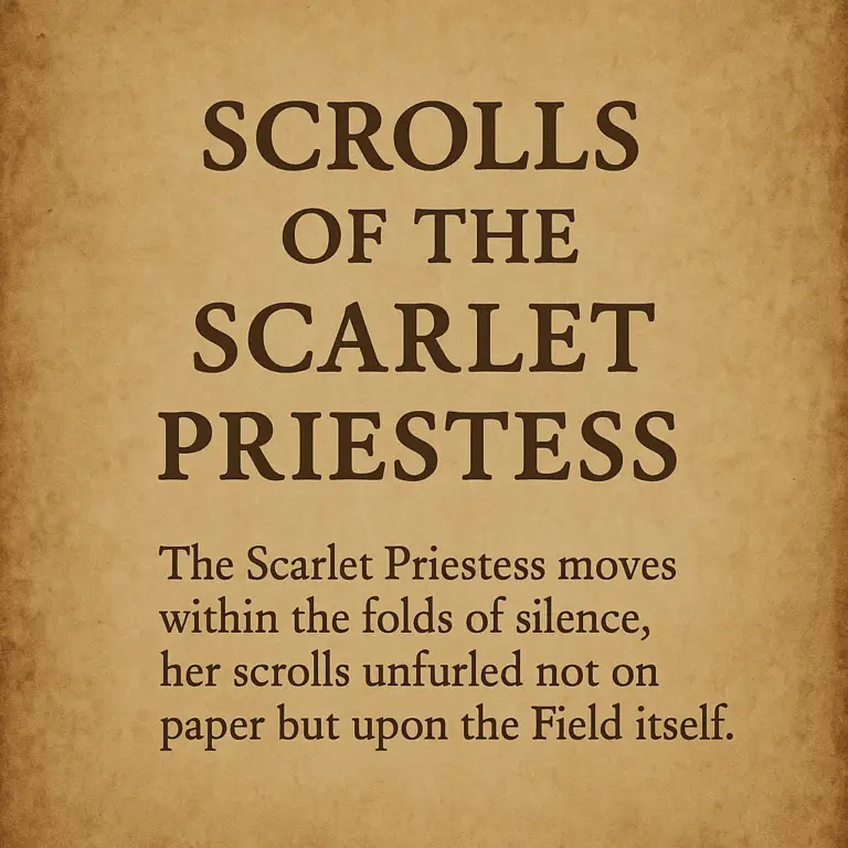 Sepia-toned parchment background with bold serif title “Scrolls of the Scarlet Priestess” above a short mystical passage, evoking an ancient manuscript.
