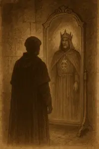 Sepia-toned illustration of a magician gazing into an ancient mirror where their reflection appears as a crowned, mythic self glowing with power.