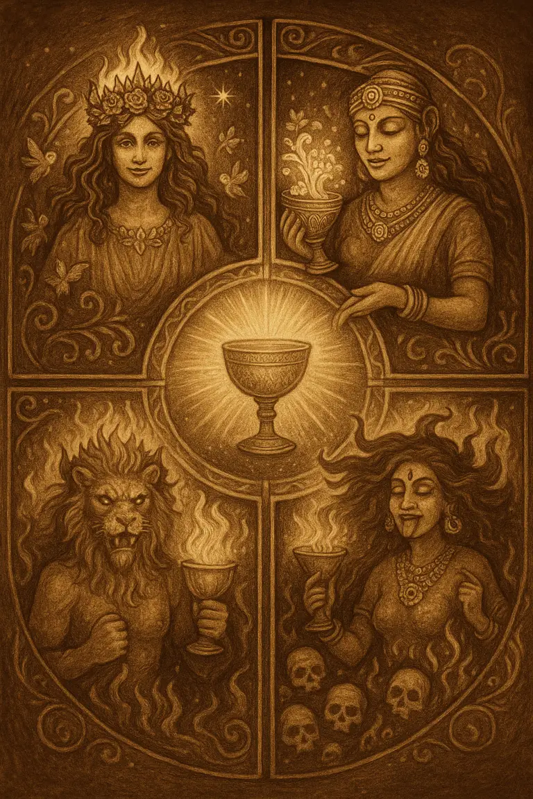Sepia illustration of a mandala with four faces of Scarlet Babalon: Nolava enthroned, Lakshmi pouring abundance, Sekhmet fierce in flame, Kali dancing in liberation.