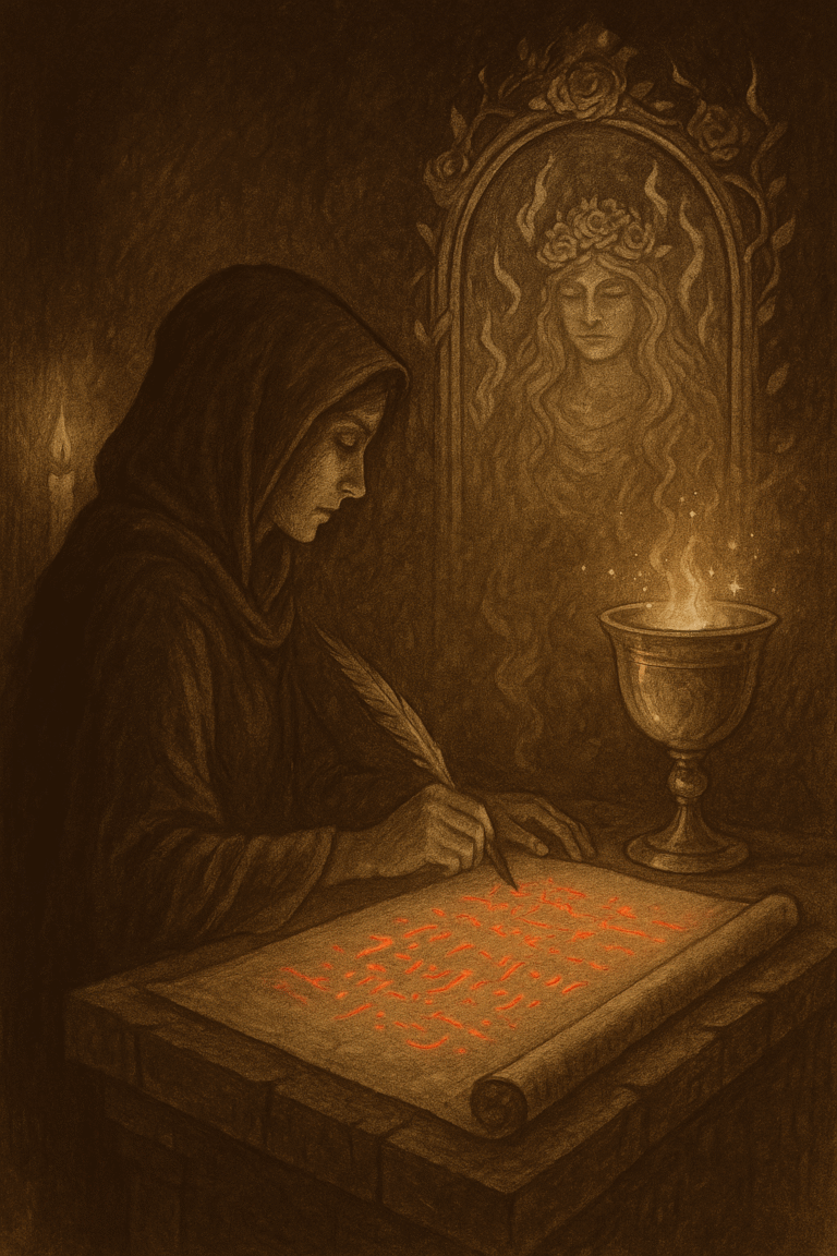 Sepia illustration of a Scarlet priestess writing glowing crimson words onto a scroll beside a radiant chalice and mirror.