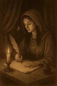 Sepia-toned illustration of a priestess writing on a scroll by candlelight, a quill in her hand and ink bottle at her side.