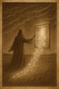 Sepia-toned illustration of a robed magician channeling glowing glyphs from a radiant mirror into the starlit Field.