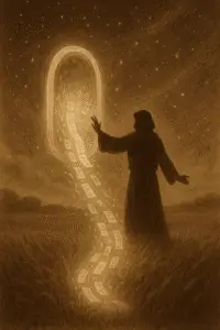 Sepia-toned illustration of a magician channeling scrolls of light from a radiant mirror into a golden field beneath a cosmic sky.