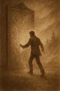 Sepia-toned illustration of a man stepping through a cracked antique mirror into a mist-filled, luminous realm as the glass begins to close behind him.