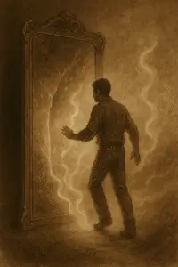 Sepia-toned illustration of a man stepping through an ornate, cracked mirror into a mist-filled, luminous realm, his reflection rippling as the glass darkens behind him.