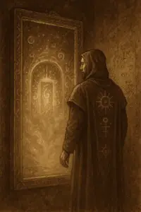 Sepia-toned illustration of a transformed magician gazing into an ancient mirror where a glowing Gate forms instead of a reflection.