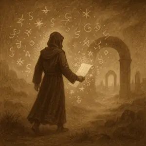 Sepia-toned illustration of a magician walking through a mythic mirrorworld, scroll in hand, with glowing glyphs surrounding them in a misty, rune-marked landscape.