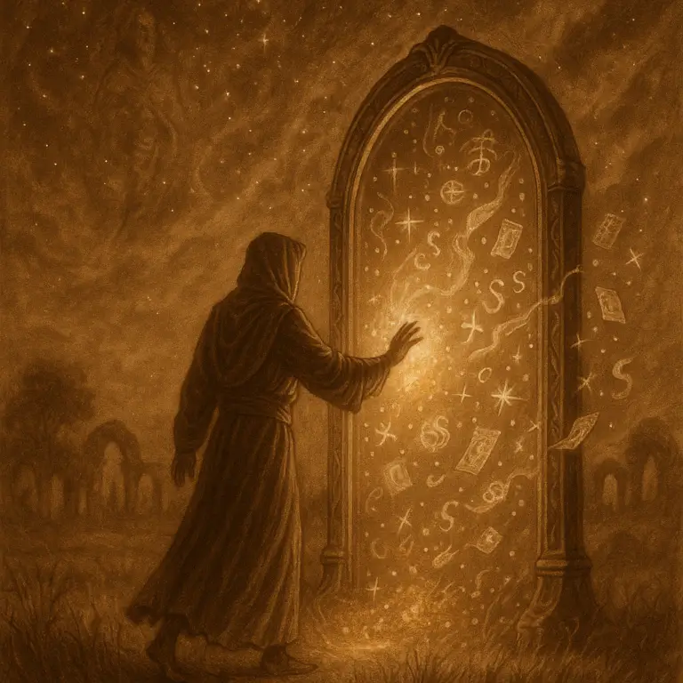 Sepia-toned illustration of a magician standing before a radiant ancient mirror, symbols and scrolls swirling outward like constellations under a cosmic sky.