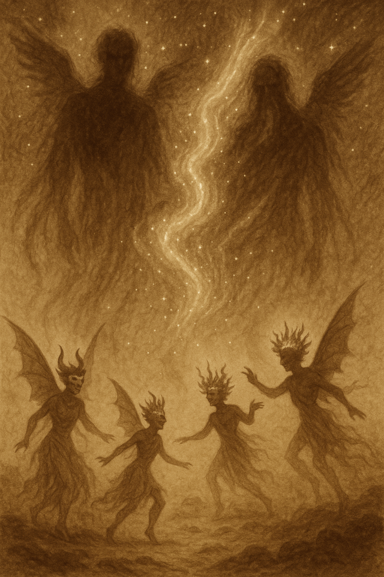 Sepia-toned illustration of towering Grigori figures dissolving into starlight as winged fae emerge, crowned in flame, dancing beneath a cosmic sky.
