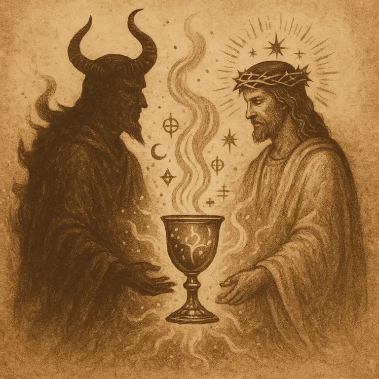 Sepia-toned illustration of Azazel cloaked in shadow-fire and Christos radiant with a thorn-crown of starlight, standing with a glowing chalice between them.