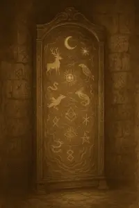 Sepia-toned illustration of an ornate mirror with a rippling surface, glowing with mythic animals, glyphs, and sacred symbols.