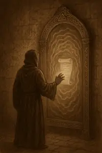 Sepia-toned illustration of a magician reaching toward a glowing scroll suspended within the rippling surface of an ornate mirror.