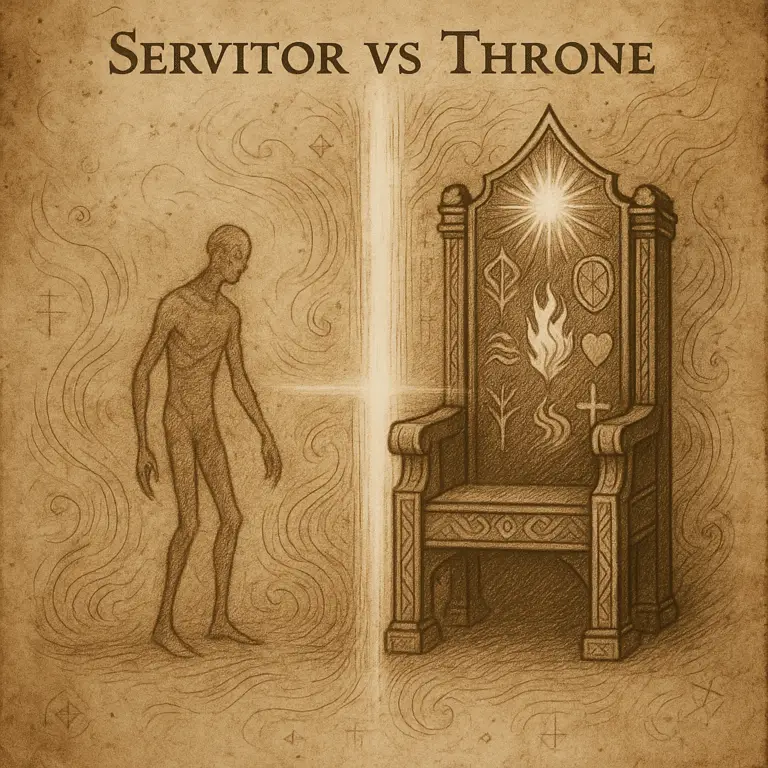 Sepia-toned illustration showing a fragile servitor figure facing a radiant ornate Throne, divided by a beam of light.