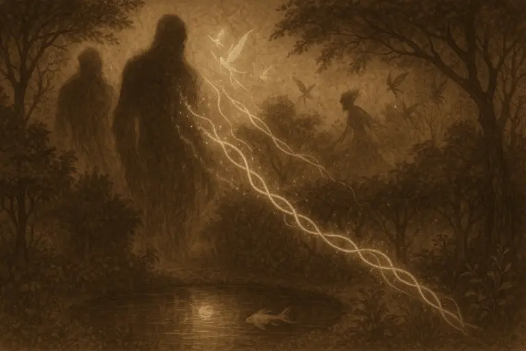 epia garden scene with towering shadowed Grigori dissolving into glowing fae light, pond and hedgerows shimmering