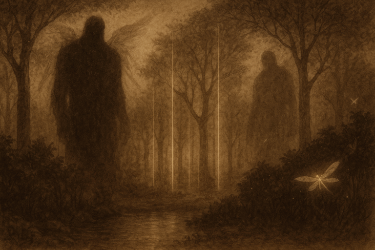 Sepia grove with colossal Grigori figures dissolving into light, glowing cords between trees, dragonfly shining at dusk.”