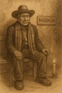 Sepia artwork of Maximón in Santiago Atitlán, depicted as a living elder in traditional Mayan attire, seated with a cigar and candle