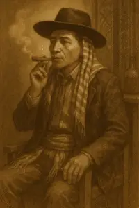 Sepia artwork of Maximón as an elder in traditional Mayan attire, seated among candles and scarves, with smoke drifting in a sacred room.