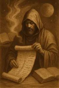 Sepia artwork of a mystical figure exhaling breath that transforms into glowing scrolls, with mythic symbols emerging in sacred atmosphere.