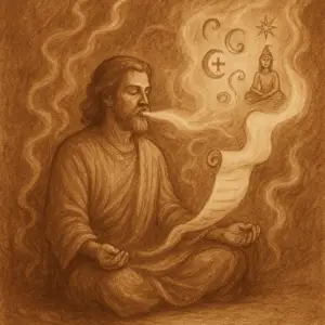 Sepia artwork of a mystical figure exhaling luminous breath that transforms into floating scrolls, with mythic symbols and archetypes emerging.
