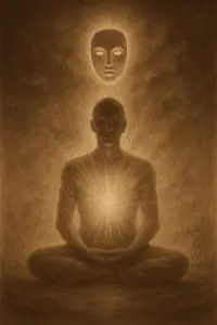 Sepia illustration of a meditating figure dissolving into radiant light, with a glowing mask floating above them, symbolizing Silence, Presence, and Assumption Magic.