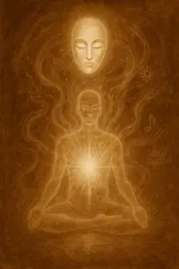 Sepia artwork of a meditating figure dissolving into light, with a faint glowing mask above them symbolizing divine assumption, in a vast silent field.”