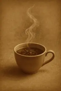 Sepia artwork of a steaming chalice glowing with scarlet light, surrounded by faint herbal symbols and flowers in rising mist, symbolizing Herbal Tea Magic.