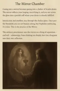 Sepia artwork of a glowing chalice reflecting a parallel figure, with Avalon mists and faint sigils suggesting the mirror as a threshold to another reality