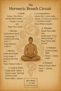 A sepia parchment illustration of a meditating figure surrounded by eight Hermetic Laws with breath spirals connecting them, and a wax-seal inscription at the bottom.