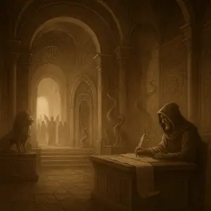 Sepia artwork of an ancient astral temple with glowing glyphs, choirs singing in galleries, and Tulpas drifting between vast arches where Talesingers hold radiant scrolls.