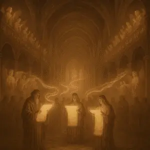 Sepia artwork of an ethereal temple where angelic choirs sing from high galleries and Talesingers below unroll glowing scrolls, their voices weaving magic into the air.”