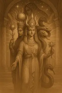 Sepia artwork of a composite deity blending Ra’s solar crown, Apep as serpent at the feet, Lakshmi’s lotus and coins in one hand, and Nyx-Nuit’s starry veil over the shoulders, standing radiant in a temple of light and shadow.
