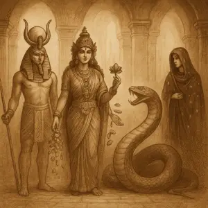 Sepia artwork of a pantheon gathering in a temple: Ra with solar crown and staff, Lakshmi offering lotus and coins, Apep as a coiling serpent, and Nyx-Nuit draped in a starry veil.