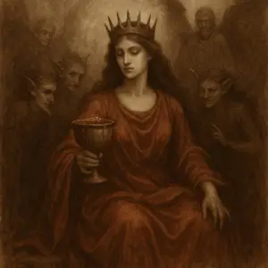 Sepia artwork of Nolava-Babalon as Lady of Avalon, holding a glowing chalice. Scarlet light spills through Avalon’s mist, with faerie-like Grigori and Nephilim forms rising in the background.