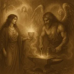 Sepia artwork of Nolava-Babalon in Avalon, holding a glowing chalice as she welcomes Azazel–Christos at a sacred smithy of transformation, with mists and faerie forms surrounding them.”