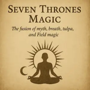 Sepia-toned illustration of a meditating figure framed by sun and moon symbols, with the text “Seven Thrones Magic: The fusion of myth, breath, tulpa, and Field magic.