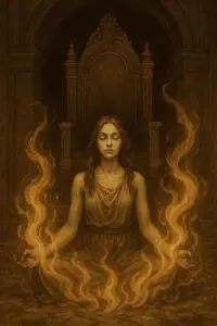 Sepia-toned illustration of a meditating figure before an ornate throne, surrounded by rising flames symbolizing Ankarael’s breath of immortality.