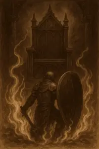 Sepia-toned illustration of a warrior kneeling before a throne, holding a black shield, with broken chains at his feet and flames rising around him.