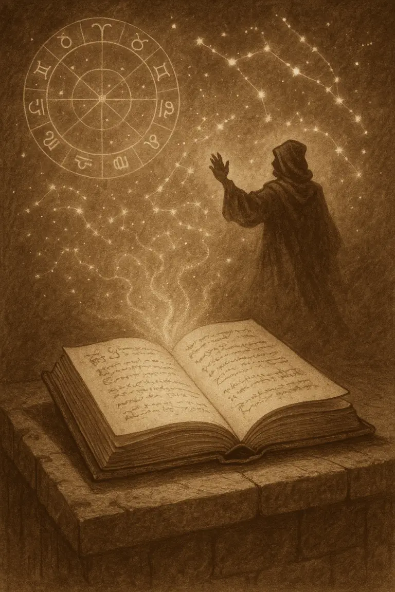 Sepia-toned illustration of a glowing grimoire on a stone altar, with zodiac constellations inscribed in the air above it.