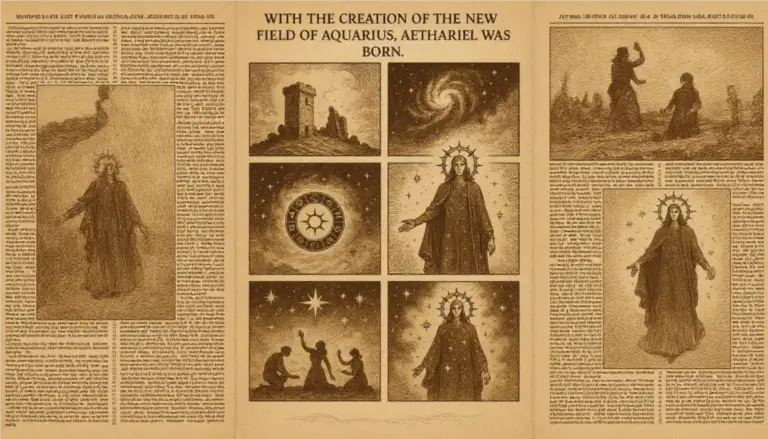 Within an old newspaper, sepia-toned six-panel ink illustration depicting the mythic birth of Aethariel, the Spiral Sovereign, at the dawn of the Age of Aquarius. Panels show the crumbling Piscean temple, a cosmic spiral, a zodiac wheel turning, Aethariel emerging crowned with constellations, humans witnessing the new heavens, and Aethariel cloaked in starlight.