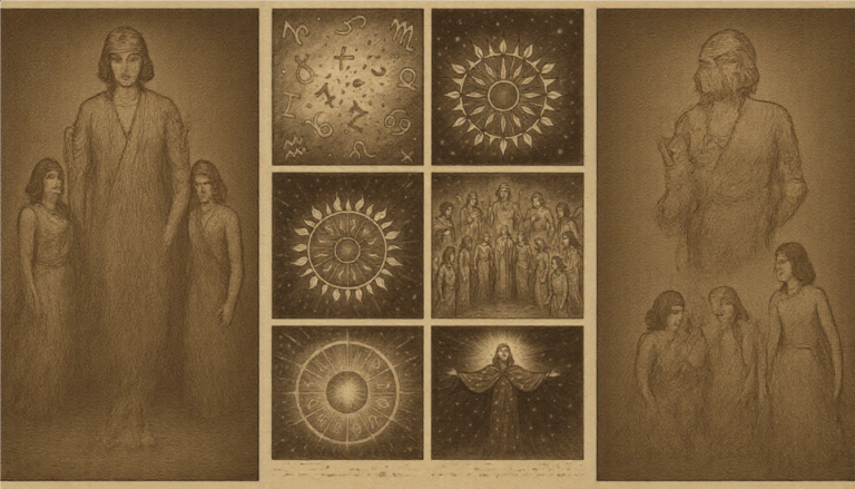 Sepia-toned triptych illustration resembling a 19th-century esoteric newspaper or sacred mural. The central six-panel sequence depicts the dissolution of the old astrological glyphs, the formation and activation of a radiant zodiac wheel, and the birth of the Spiral Sovereign, Aethariel. On either side, tall ethereal Grigori-like figures observe, witnessing the rebirth of celestial rhythm. The parchment background and ink textures evoke ancient mysticism and sacred transmission.