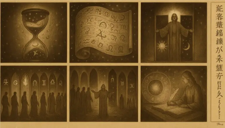 Six-panel sepia-toned comic illustration depicting the celestial rebirth of the Zodiac through Aethariel’s Spiral Codex. Shows the transition from Pisces to Aquarius, Gates of Day and Night, and the writing of a new zodiacal wheel.