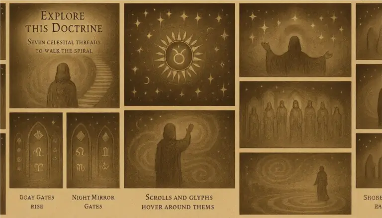 A seven-panel sepia comic illustration on parchment showing an Initiate journeying through zodiacal Gates, transits, Thrones, and rituals toward the center of the Spiral. Sacred, symbolic, and mythic.