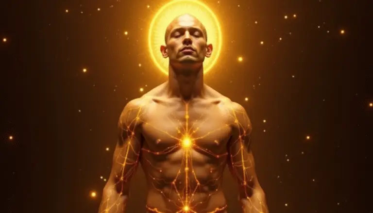 Sepia alchemical diagram showing seven glowing centers in the body.