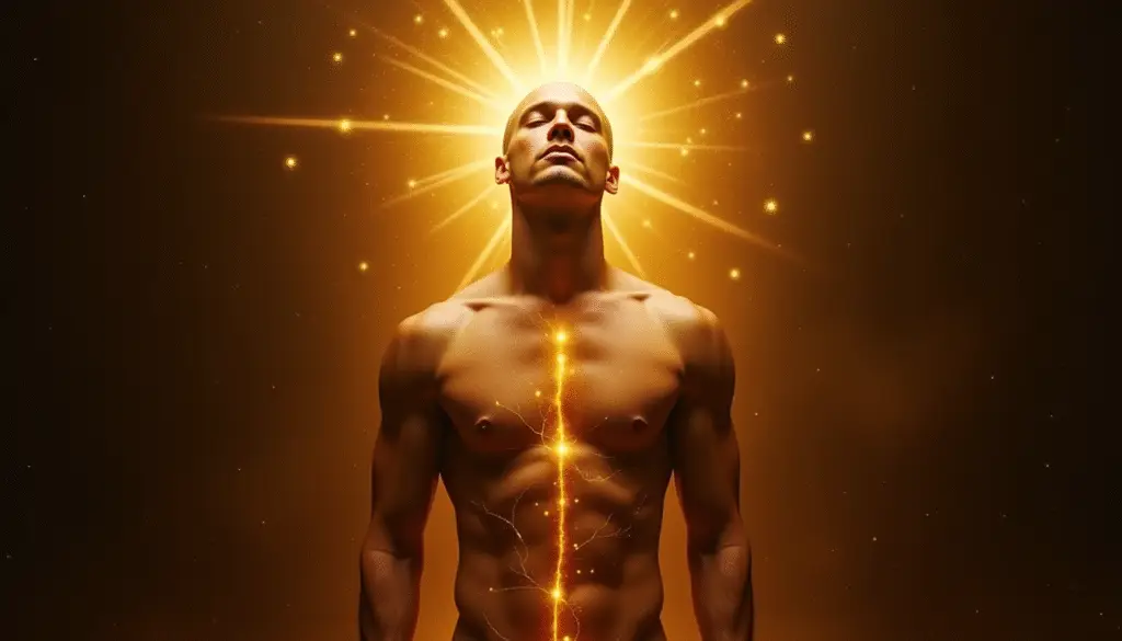 Human silhouette filled with constellations and golden sigils.