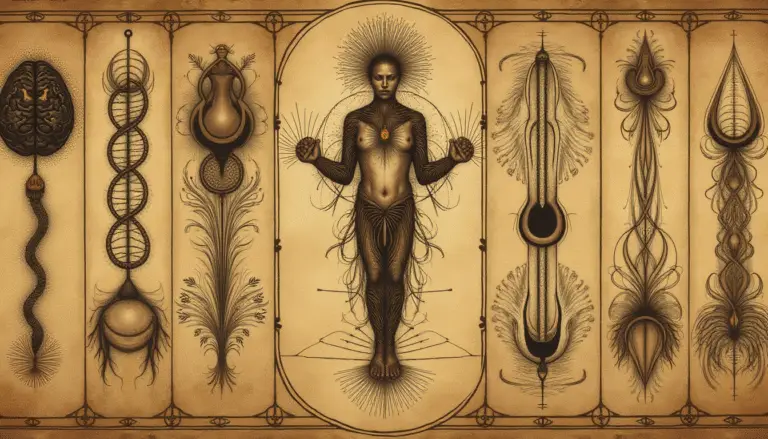 Collection of seven sepia vignettes merging body, element, and cosmos.