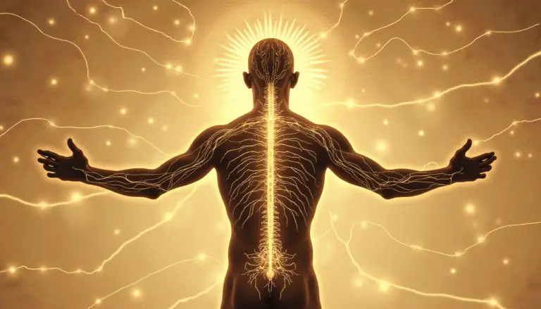 Golden sepia figure with auric filaments extending into space, constellations forming a neural pattern.